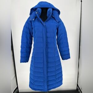 Garnet Hill royal blue hooded down-filled puffer parka.